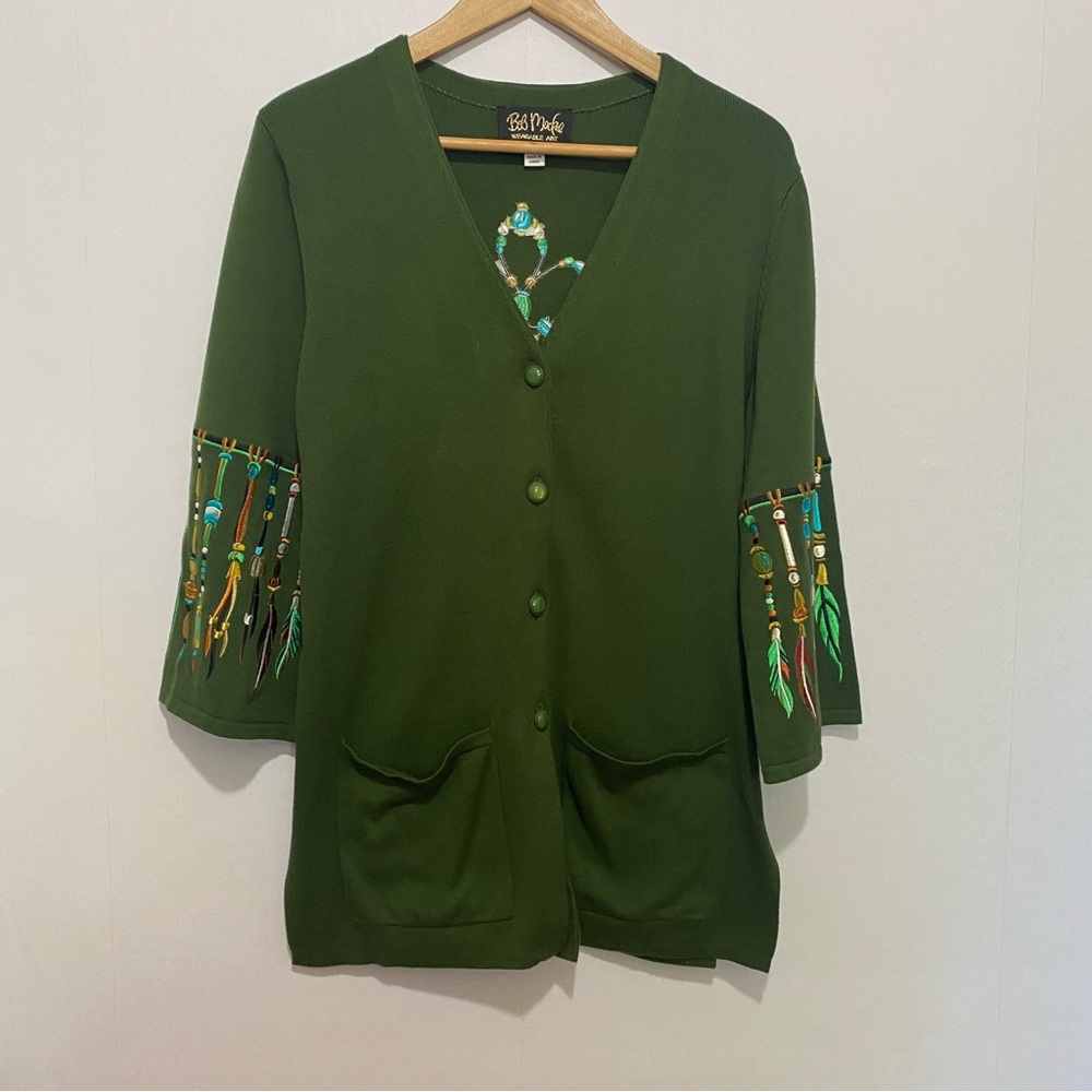 Bob Mackie Wearable Art Green Embroidered Feather Bead Cardigan‎ Sweater M